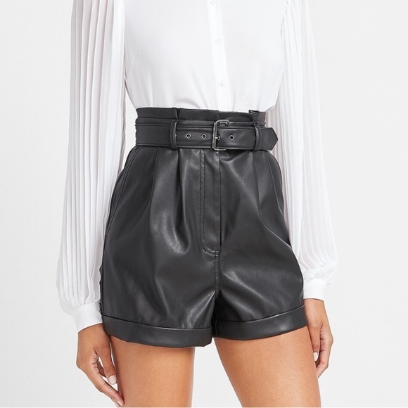 Express High Waisted Vegan Leather Black Belted Shorts NWT - Picture 1 of 9